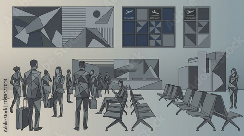 Modern Geometric Art and People in Waiting Area.
