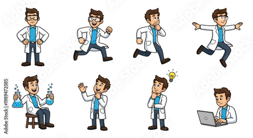 Scientist Character Set With Various Poses And Actions.