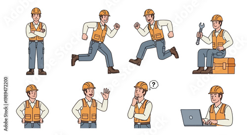 Construction worker in various poses and actions illustration.