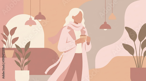 Stylish woman in coat holding coffee cup indoors.