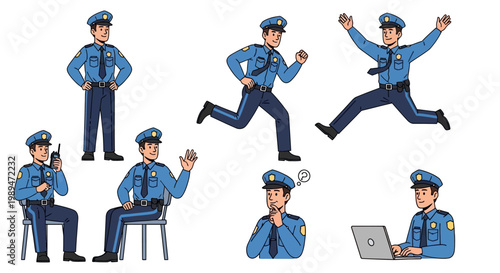 Police Officer Character Set Diverse Poses And Actions.
