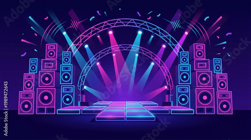 Concert Stage with Vibrant Lighting and Speakers.