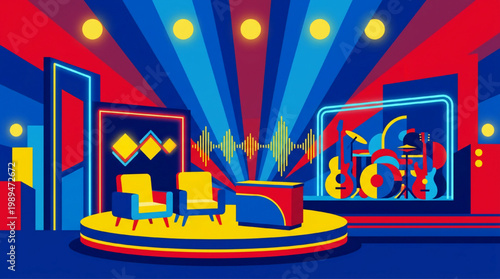 Modern Talk Show Set with Two Chairs and Desk.