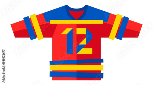 Red and Blue Hockey Jersey with Number 12.