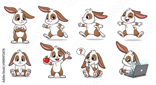 Cute Cartoon Bunny Rabbit Character Set.