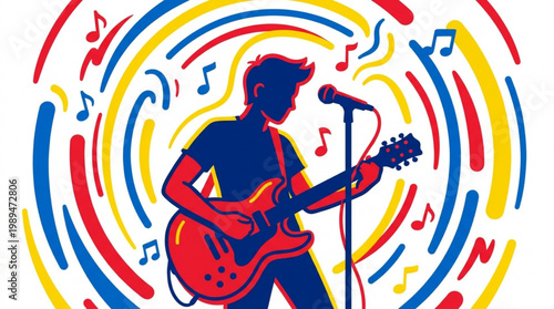 Silhouette of a rock guitarist performing on stage with a microphone.