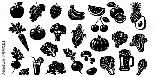 野菜とフルーツのシルエットアイコンセット 健康食材コレクション