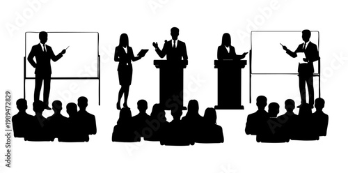 プレゼンテーションを行うビジネスパーソンと聴衆のシルエット セミナー風景
