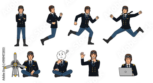 Pilot Character Set Diverse Poses and Actions.
