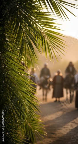 Warm golden hour sunlight through palm leaves with blurred riders in background.