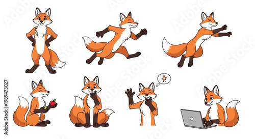 Collection of Adorable Cartoon Foxes in Various Poses.