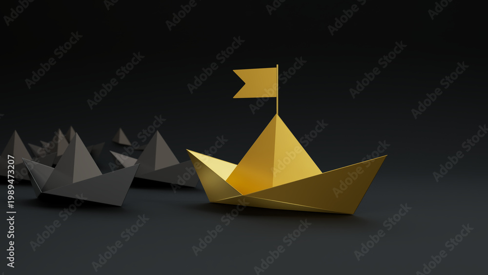 Obraz premium Papierschiffchen, Golden Paper Boat leading Black boats on dark background 3d render.