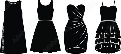 Four elegant black evening dresses showcasing diverse formal styles