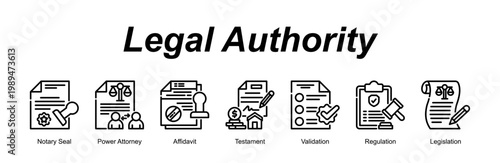 Legal Authority banner web icon vector illustration concept with an icon of Notary Seal, Power Attorney, Affidavit, Testament, Validation, Regulation, Legislation 