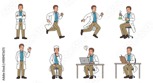 Scientist Character Set Performing Various Actions.