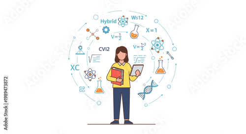 Illustration of a young woman holding a book and a tablet surrounded by science and math equations and symbols.