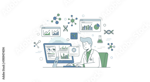 Illustration of a scientist working on a computer with various scientific graphs and symbols around him in a simple line drawing style with a clean white background.