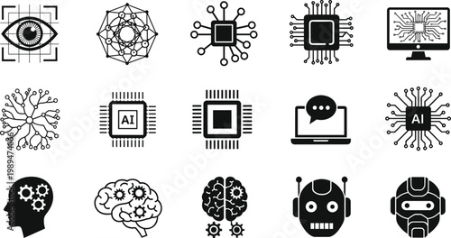 Collection of artificial intelligence icons featuring neural networks, microchips, robotics, brain concepts, and digital technology symbols in modern vector illustration style