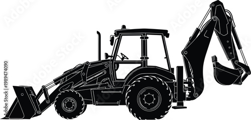 Backhoe loader silhouette showing tractor with front bucket and rear excavator arm for construction, digging, and earthmoving operations