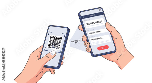 Two hands holding smartphones with a QR code and travel document on screens against a clean white background.
