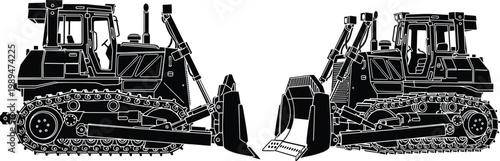 Detailed bulldozer silhouettes in side and mirrored views showcasing tracked heavy construction machinery with blades for earthmoving and industrial operations
