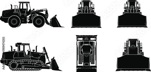 Set of bulldozer and loader silhouettes showing front, side and top views of heavy construction equipment in detailed vector illustration style