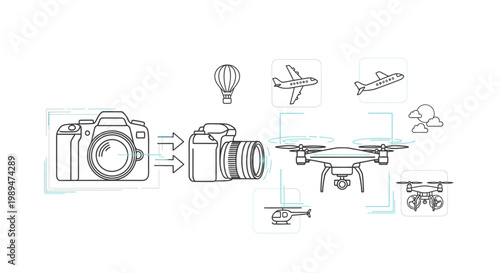 Technical illustration of a camera lens attaching to a drone with various flying objects in the background on a white background.