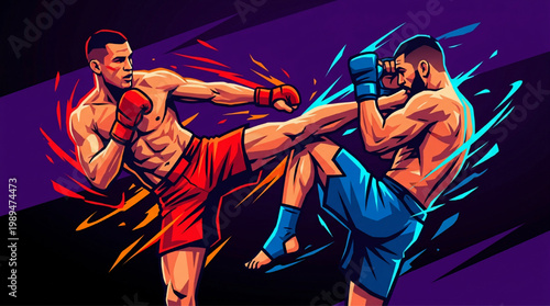 Two male fighters engaged in intense Muay Thai combat.