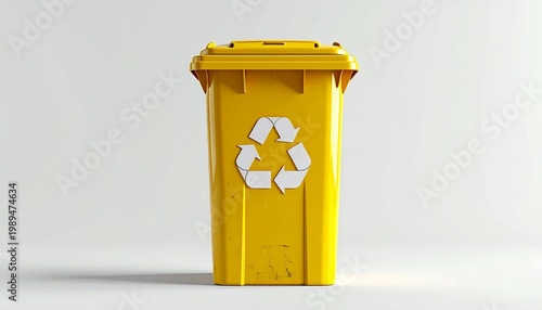 Bright yellow recycling bin with the universal recycling symbol isolated on white background, representing environmental sustainability, waste management, eco-friendly resources, and circular economy 