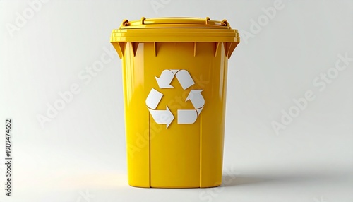 Bright yellow recycling bin with the universal recycling symbol, representing environmental sustainability, waste management, eco-friendly practices, and circular economy concepts for clean living and