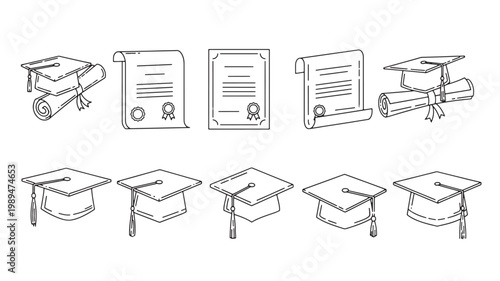 Sketch collection graduation caps scrolls and diploma arrangements
