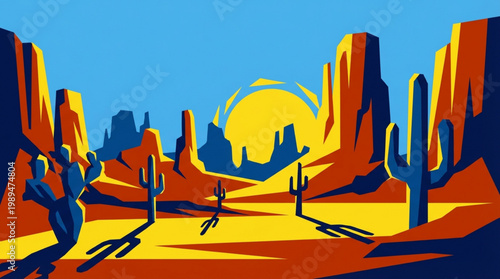 Stylized Desert Landscape with Cacti and Mesas.