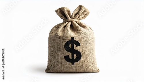Burlap sack tied with a knot featuring a large dollar sign symbol, representing money, finance, investment, savings, and economic concepts for business and commerce.