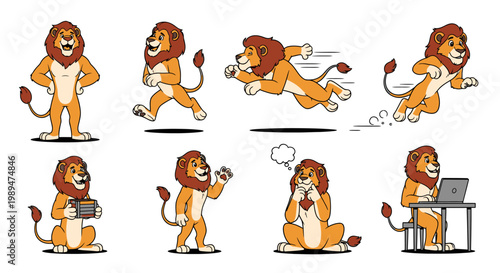 Collection of Cartoon Lion Characters in Various Poses and Activities.