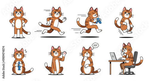 Collection of Adorable Cartoon Cats in Various Poses and Activities.