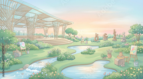 Serene Japanese Garden with Artistic Elements and Water Features.