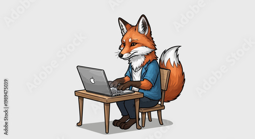 Anthropomorphic fox working diligently on a laptop computer.