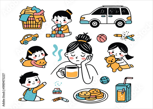 Cartoons of stressed mother with kids and daily household objects around her