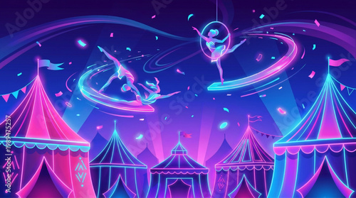 Circus performers in neon lights doing aerial acrobatics.