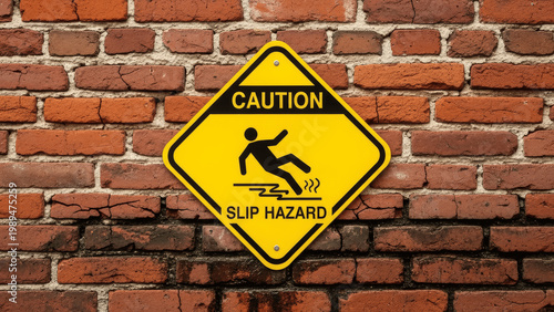 Caution Slip Hazard Sign on Brick Wall