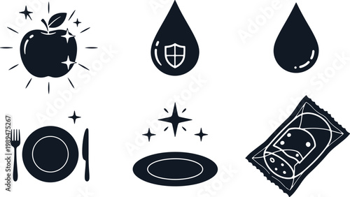 Sparkling apple clean plate and water drops icons on transparent background for food and health.