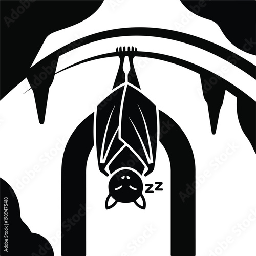 Minimalist graphic illustration of a cute bat sleeping while hanging upside down.
