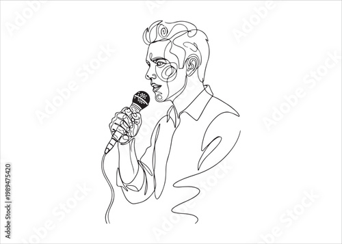 Continuous line drawing of a young man singing into a microphone  musical performance
