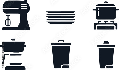 Kitchen appliances and equipment icons: mixer, plates, coffee maker, stove, trash cans.