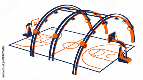 Modern Basketball Court with Futuristic Archway Lighting.
