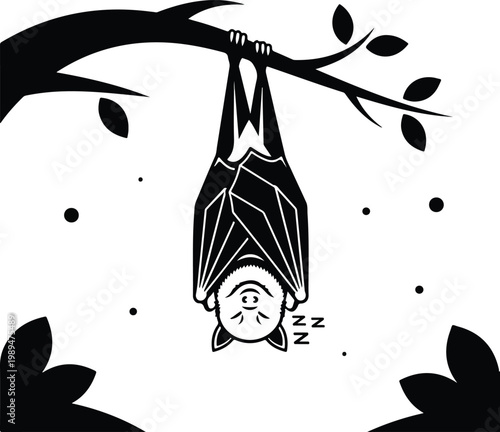 A cute sleeping bat hanging upside down from a tree branch in a minimalist black and white style.