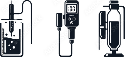 Laboratory equipment icons: beaker, pH meter, and dispenser for scientific testing.