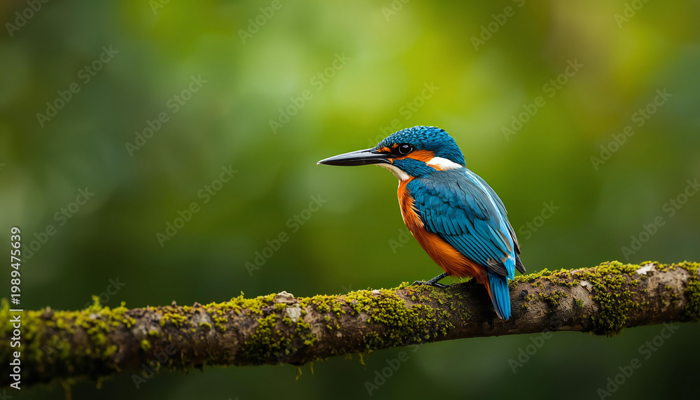 Obraz premium Colorful Kingfisher Bird Perched on Mossy Branch with Green Background Wildlife Photography