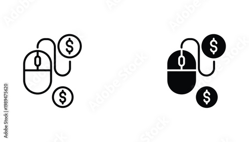 Online payment computer mouse icon with dollar symbols for e-commerce design