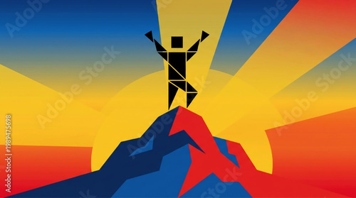 Silhouette of a person celebrating on a mountain peak.